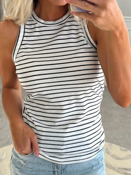 

Crew Neck Casual Striped Tank Top, White, Tanks & Camis