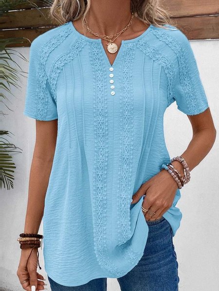 

Notched Elegant Buckle Plain Lace Shirt, Blue, Shirts & Blouses