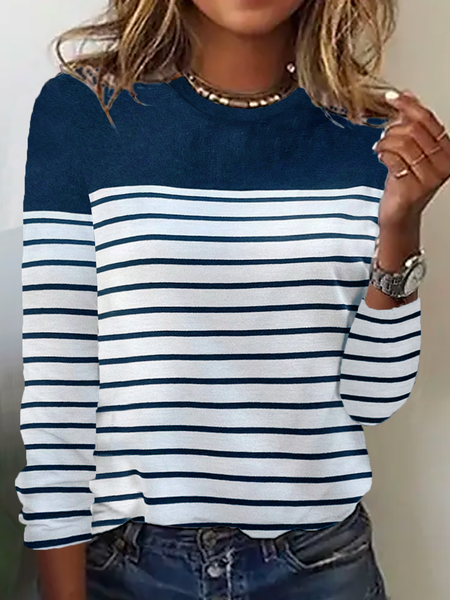 Crew Neck Striped Casual T Shirt
