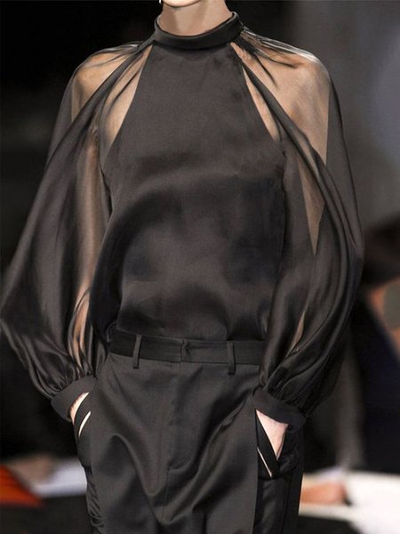 Urban Plain Loose Stand Collar Shirt, Black, Blouses and Shirts