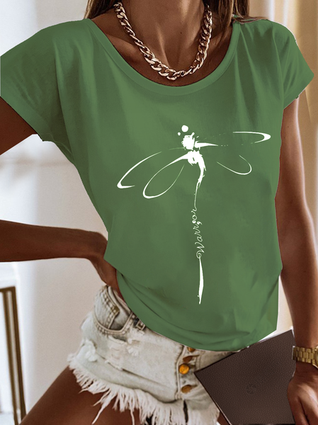 

Women Dragonfly Crew Neck Casual Short Sleeve T-shirt, Green, Tees & T-shirts