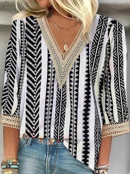 

Geometric Loose Casual V Neck Lace Shirt, Black-white, Shirts & Blouses