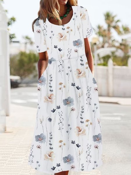 

Crew Neck Floral Loose Casual Dress, White, Dresses