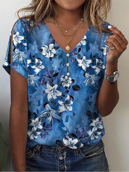 

Floral Casual Cotton Loose T-Shirt, Blue, T-Shirts