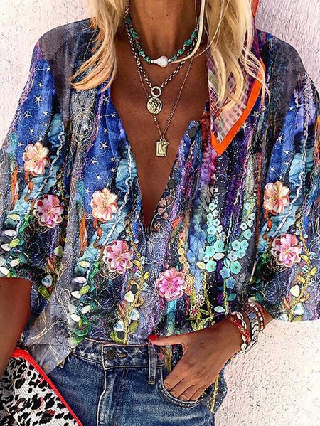 

Floral Casual Loose Cotton Blouse, Purple, Shirts & Blouses