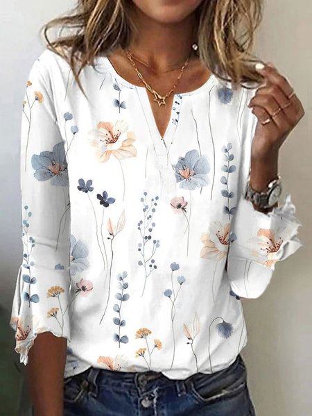 

V Neck Floral Cotton Casual T-Shirt, White, T-Shirts