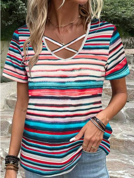 

Casual Striped V Neck Loose T-Shirt, Red, T-Shirts