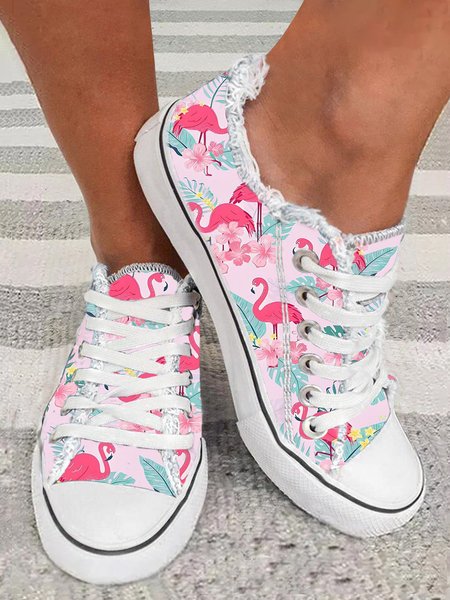 

Pink Flamingo Floral Printed Raw Hem Casual Canvas Shoes, Sneakers