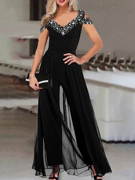 

Casual V Neck Plain Jumpsuit, Black, Jumpsuits＆Rompers