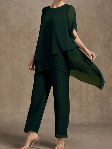 

Casual Plain Loose Crew Neck Two-Piece Set, Dark green, Suit Set