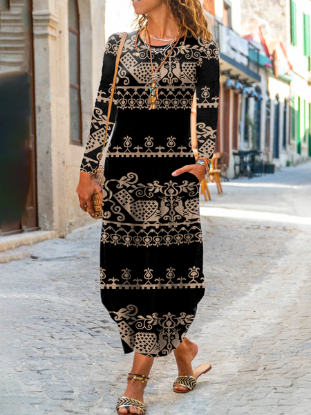 

Plus size Crew Neck Casual Ethnic Printed Dress, Black, Dresses