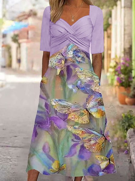

Butterfly Casual Dress With No Belt, Purple, Dresses