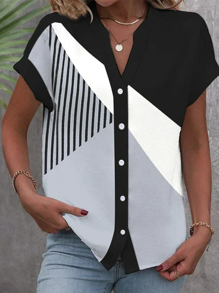 

V Neck Casual Loose Color Block Blouse, Black-white, Shirts & Blouses