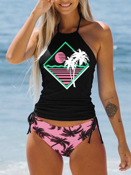 

Vacation Plants Printing Crew Neck Tankini, Red, swimwear>>Tankinis