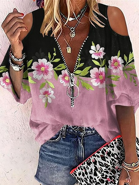 

V Neck Loose Casual Blouse, Black, Shirts & Blouses