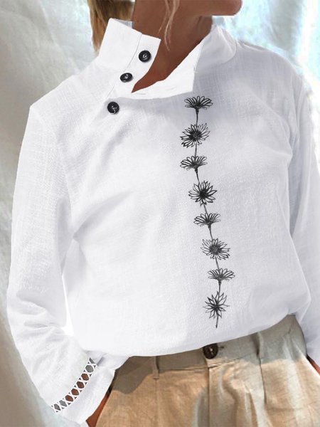

Asymmetrical Casual Loose Floral Lace Shirt, White, Shirts & Blouses