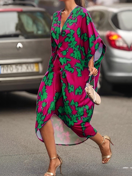 

Loose Floral Vacation V neck Short sleeve Midi Dress, Red, Midi Dresses