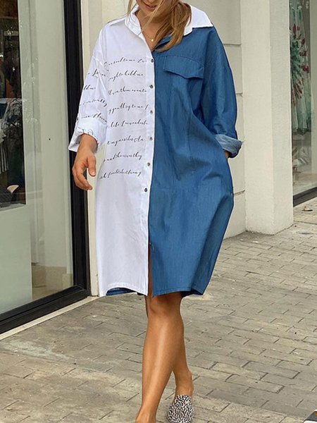 

Loose Text Letters Shirt Collar Urban Dress, White-blue, Midi Dresses