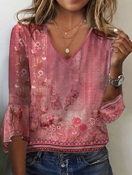 

Ethnic Knitted Flare Sleeve Casual Shirt, Red, Shirts & Blouses