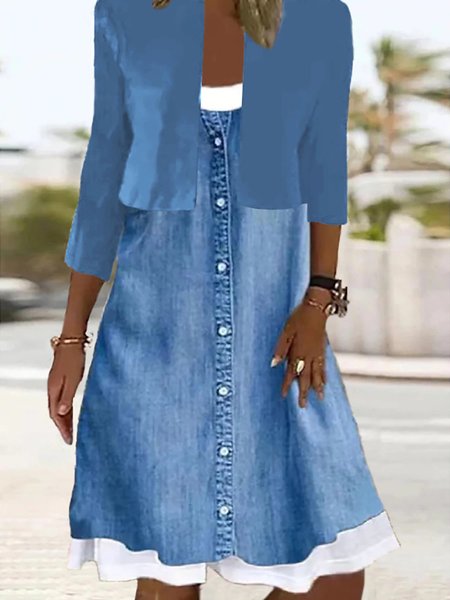 

Casual Crew Neck Denim Set, Blue, Suit Set
