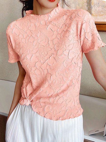 

Loose Plain Elegant Short Sleeve Shirt Micro Pleat, Pink, Blouses and Shirts