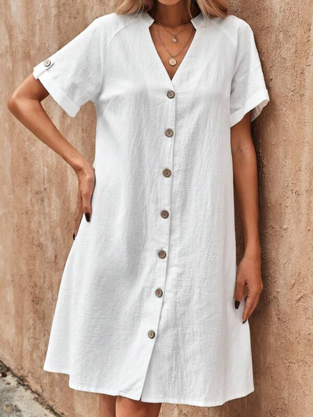 

Casual Loose V Neck Linen Dress, White, Dresses