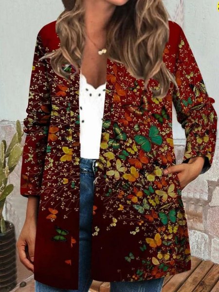 

Crew Neck Ethnic Floral Casual Kimono, Red, Shirts & Blouses
