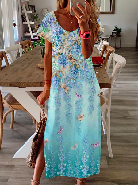

Floral Crew Neck Casual Dress, Blue, Dresses