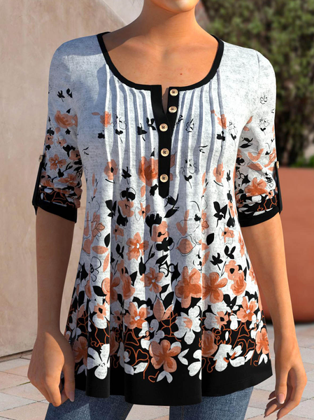

Floral Crew Neck Casual Regular Fit Shirt, Light gray, Shirts & Blouses