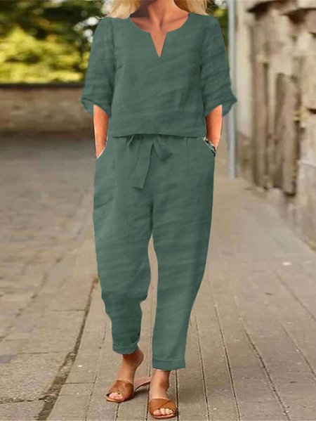 

Casual Plain Top With Pants Two-Piece Set, Green, Suits