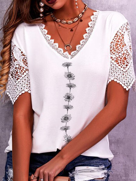 

Floral Split Joint Loose Casual Lace Shirt, White, Shirts & Blouses