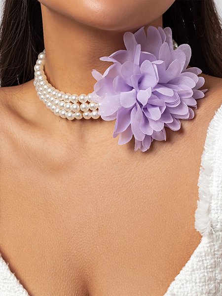 

Elegant 3D Floral Pearl Beaded Layered Necklace Party Wedding Women Jewelry, Purple, Necklaces