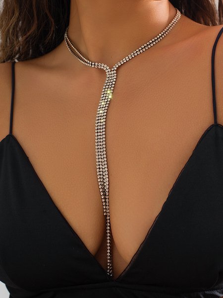 

Elegant Diamond Long Tassel Necklace Party Wedding Women Jewelry, Silver, Necklaces