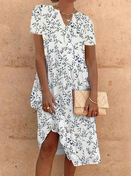 V Neck Loose Casual Floral Dress, White, Dresses