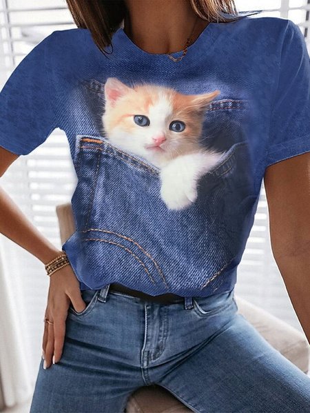 

Cute And Funny Cat Casual Knitted T-Shirt, Blue, T-Shirts