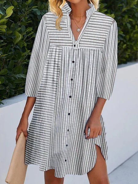 

V Neck Striped Loose Casual Dress, Gray, Mini Dresses