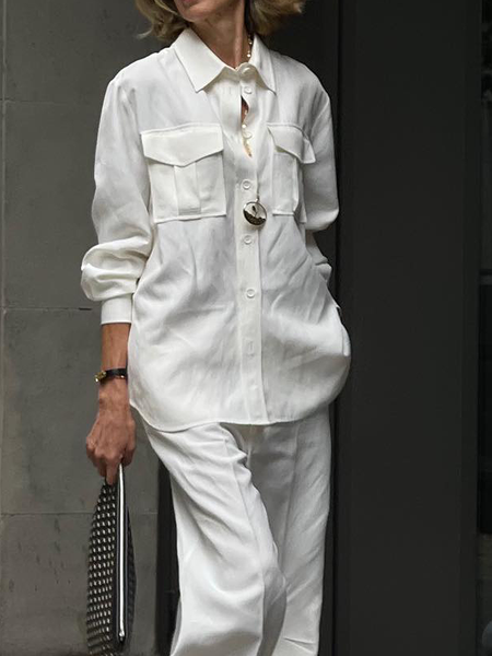 

Loose Lightweight Urban Shirt Collar Long sleeve Plain Blouse, Off white, Blouses and Shirts