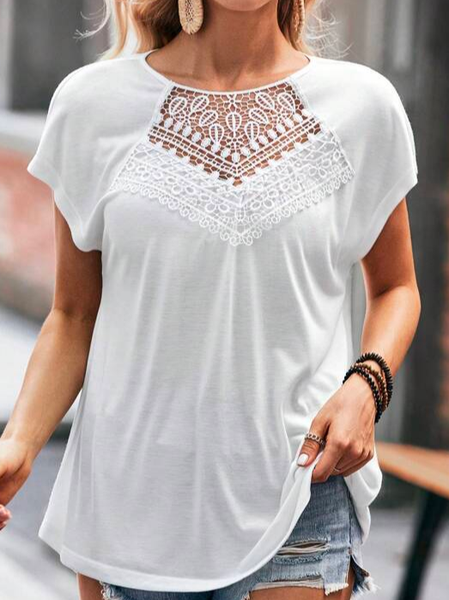 

Casual Plain Crew Neck Lace T-Shirt, White, T-Shirts