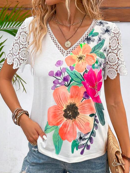 

V Neck Loose Lace Casual Floral Print Guipure Lace Panel T-Shirt, White, T-Shirts