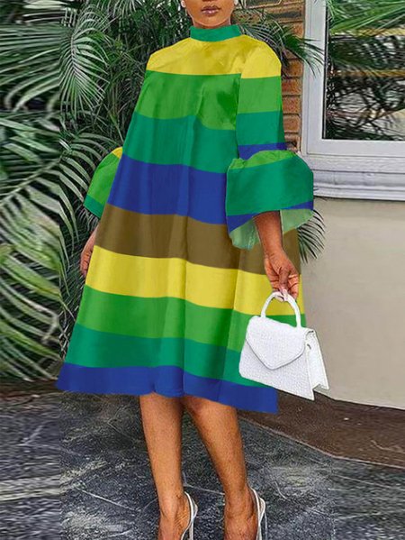 

Elegant Striped Stand Collar Midi Dress With No Belt, Green, Mini Dresses