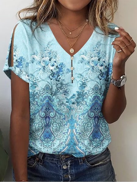 

Paisley Loose Casual V Neck T-Shirt, Blue, T-Shirts
