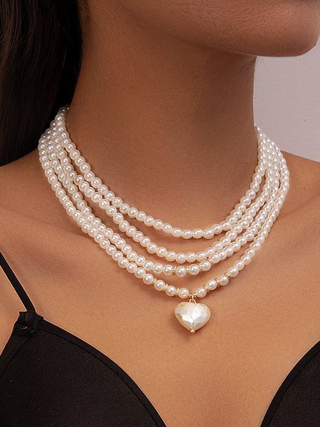 

Elegant Heart Pearl Beaded Layered Necklace Party Wedding Women's Jewelry, As picture, Necklaces