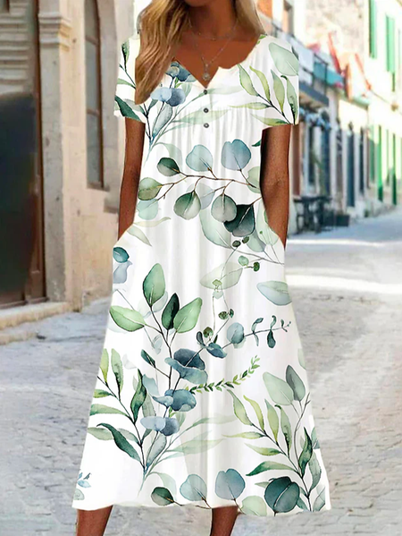 

Elegant Crew Neck Loose Cotton Dress, Green, Dresses