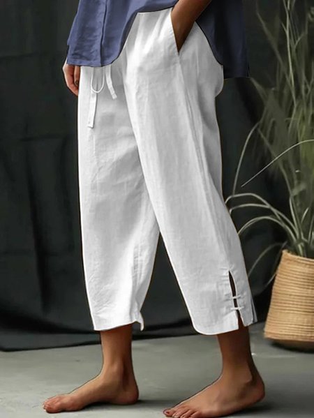 

Women Drawstring Waist Pockets Comfy Lounge Workout Plain Cotton Pants, White, Pants
