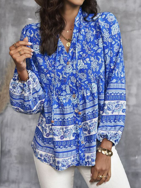 

Floral V Neck Casual Loose Blouse, Blue, Shirts & Blouses