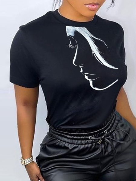 

Casual Loose Face Print Crew Neck T-Shirt, Black, Tees