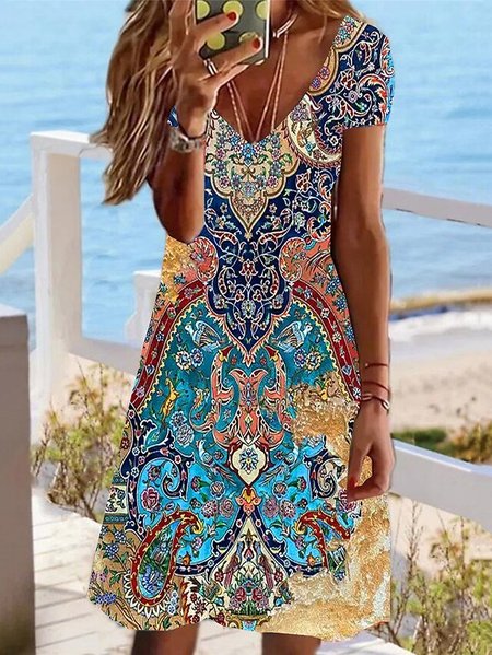 

Loose Ethnic V Neck Casual Dress, Blue, Dresses