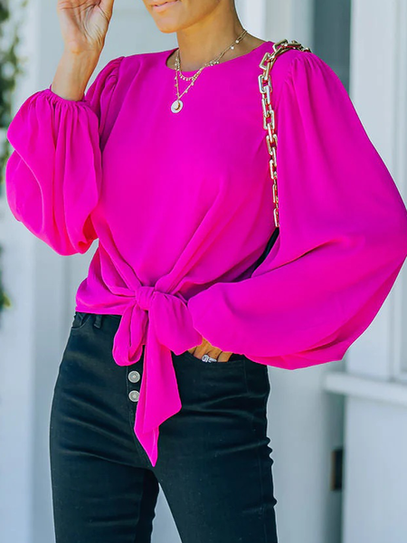 

Loose Lightweight Crew Neck Long sleeve Urban Plain Shirt, Rose red, Blouses and Shirts