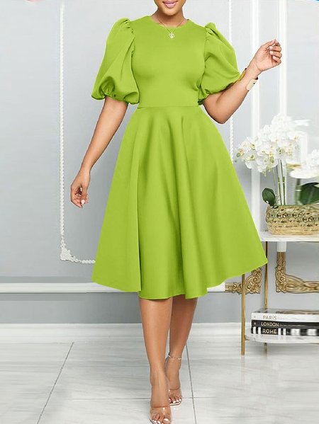 

Plain Crew Neck Elegant Regular Fit Dress, Green, Midi Dresses
