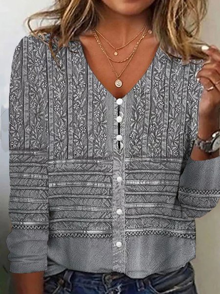 

Plus size Ethnic Casual V Neck Loose Shirt, Gray, Shirts & Blouses